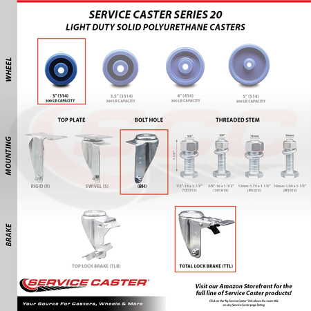Service Caster 3 Inch Solid Polyurethane Swivel Bolt Hole Caster Set with 2 Total Lock Brake SCC-BHTTL20S314-SPUS-2-S-2